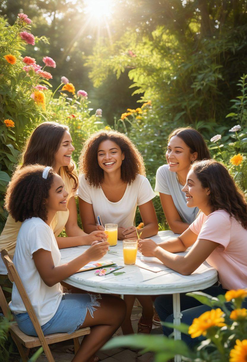 A diverse group of young people, joyfully collaborating and sharing ideas in a bright, outdoors setting, surrounded by lush greenery and colorful flowers. They display a range of emotions like laughter and enthusiasm, embodying the spirit of friendship and positivity. A glowing sun overhead symbolizes hope and togetherness, while soft pastel colors create a warm and inviting atmosphere. super-realistic. vibrant colors. natural background.