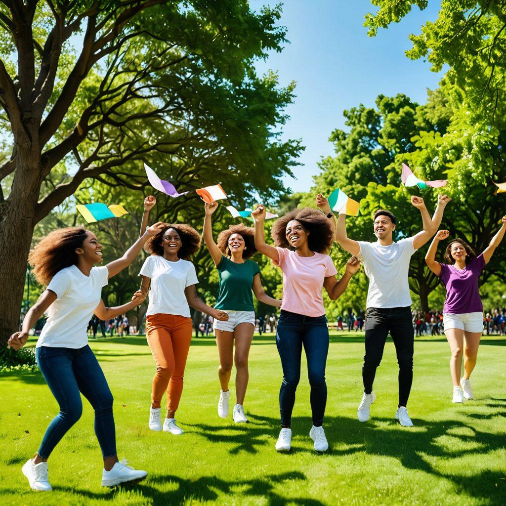 A vibrant scene depicting a diverse group of joyful young people collaborating in a sunny park, showcasing teamwork and support. They are engaged in various activities like brainstorming, art, and sports, surrounded by colorful banners symbolizing empowerment and wellbeing. Include elements of nature, such as greenery and flowers, to represent growth. super-realistic. vibrant colors. cheerful atmosphere.